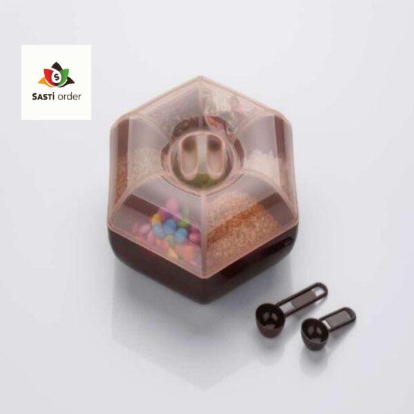 Hexagon 6-in-1 Dry Fruit Box with lid, featuring six compartments for organized snack storage in a stylish, compact design