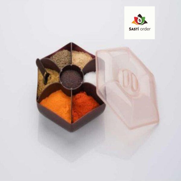 Hexagon 6-in-1 Dry Fruit Box with lid, featuring six compartments for organized snack storage in a stylish, compact design