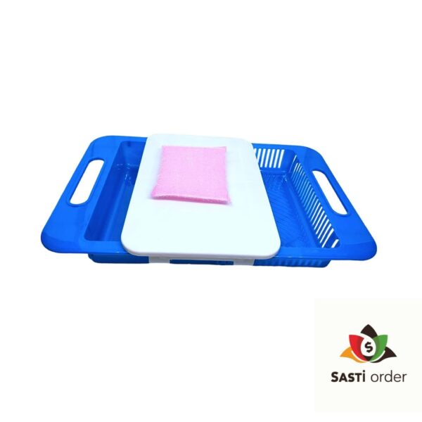 "3 in 1 multifunctional chopping board with built-in colander and collapsible storage basket for kitchen use"