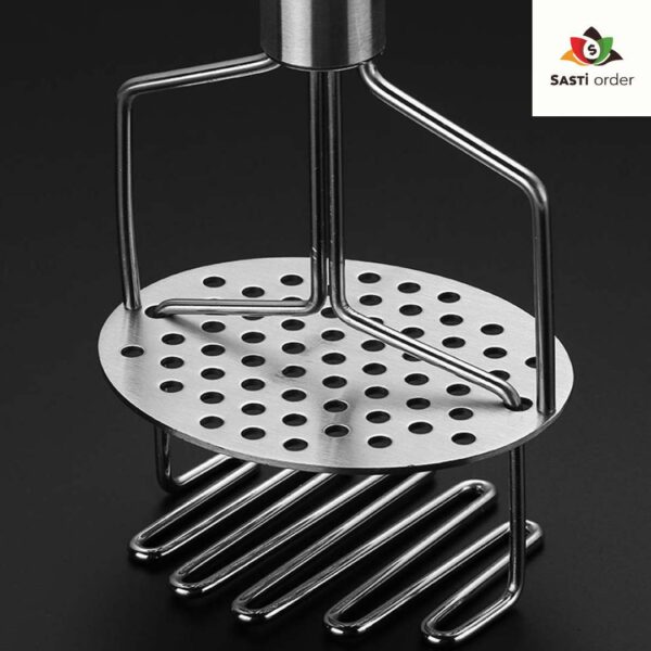 "Double Layer Potato Masher with stainless steel double mashing plates and ergonomic handle for easy vegetable and potato mashing."
