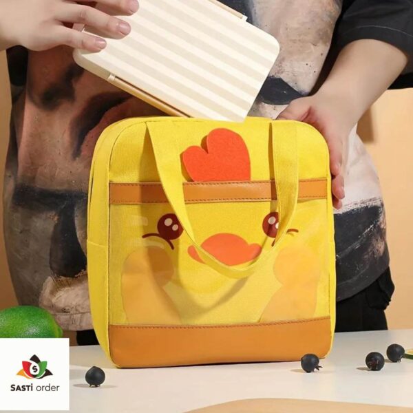 Transparent lunchbox bag with a cute deer cartoon design, featuring durable material and convenient handles, perfect for carrying meals.