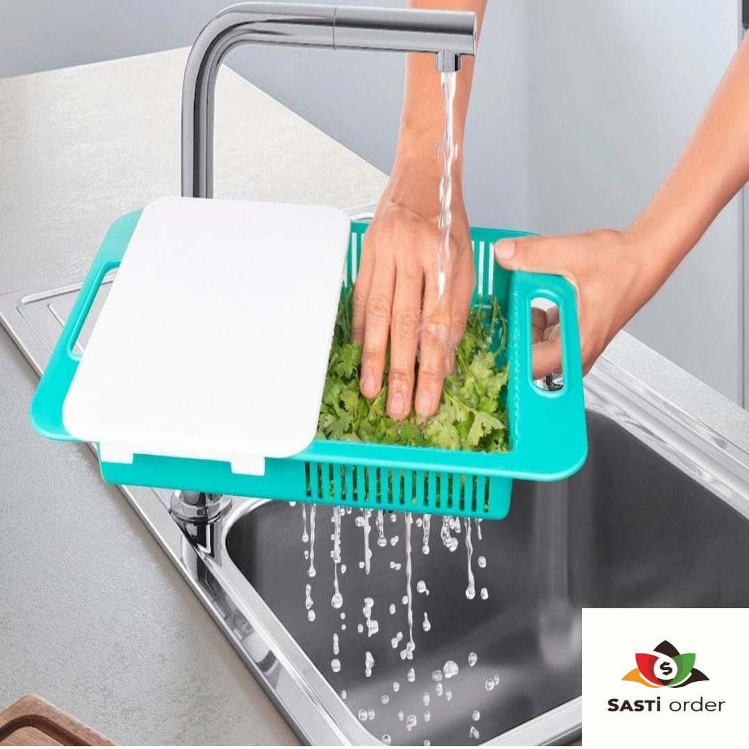 "3 in 1 multifunctional chopping board with built-in colander and collapsible storage basket for kitchen use"