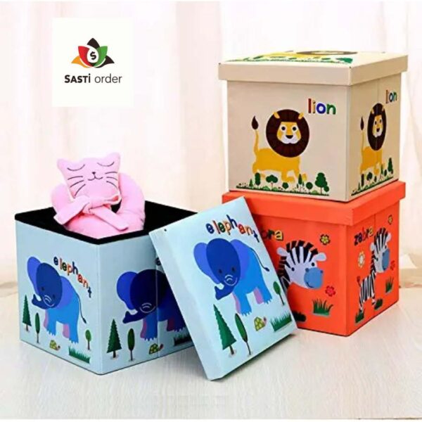 Folding Storage Organizer Ottoman Stool with cute 3D creative design, featuring a cushioned seat and spacious interior for toys, books, and essentials.