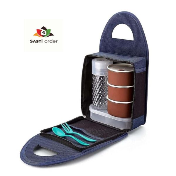 "Lunch Box with 3 Push-Up Airtight Containers, designed to keep meals fresh and organized for on-the-go convenience."