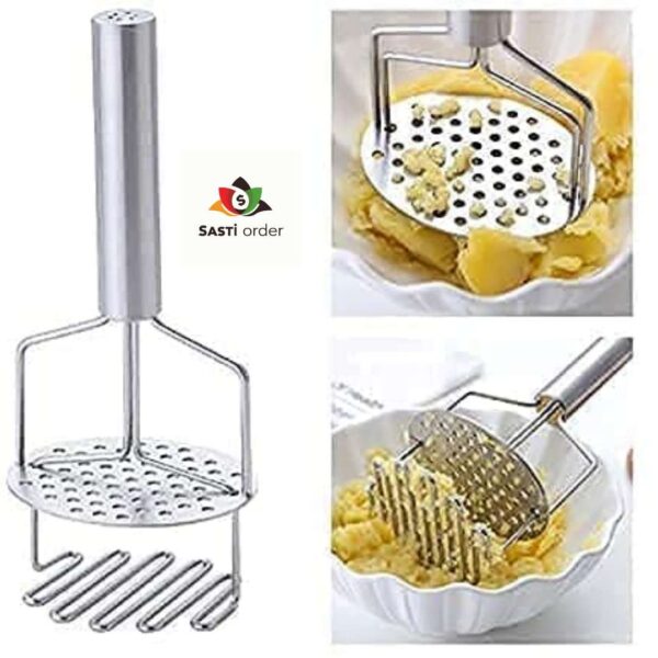 "Double Layer Potato Masher with stainless steel double mashing plates and ergonomic handle for easy vegetable and potato mashing."