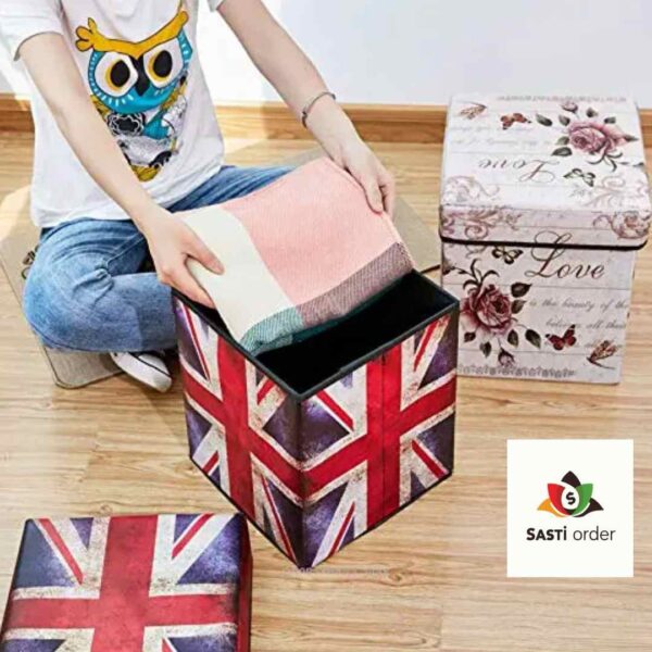 Folding Storage Organizer Ottoman Stool with cute 3D creative design, featuring a cushioned seat and spacious interior for toys, books, and essentials.