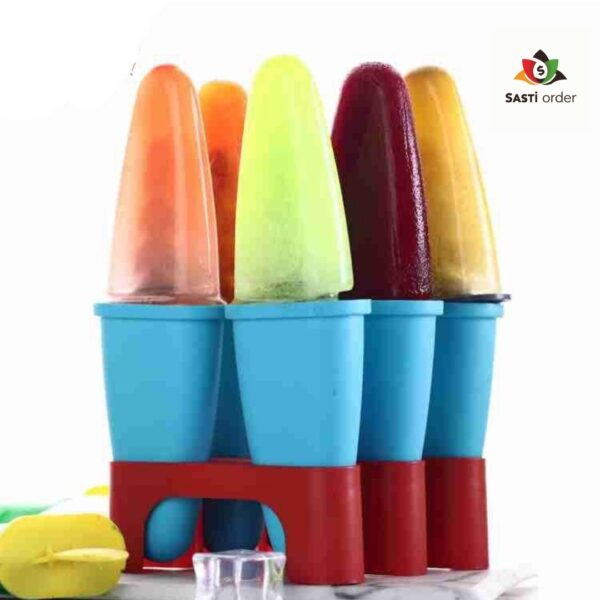 Set of 6 reusable ice popsicle makers in vibrant colors, perfect for creating homemade frozen treats like ice creams and popsicles.