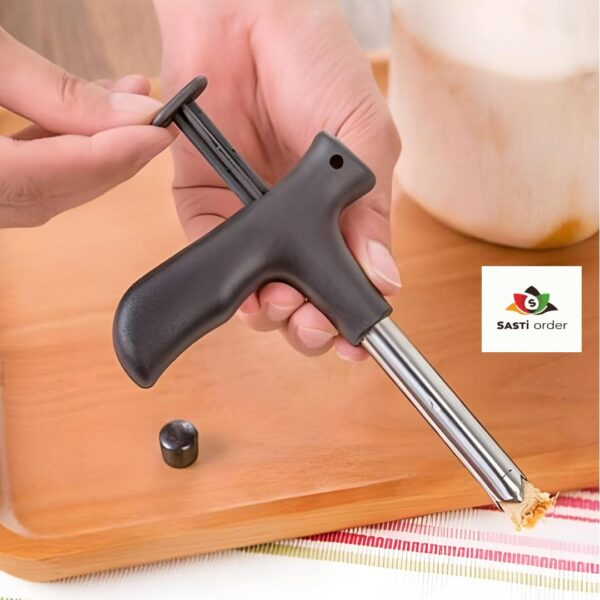 Coconut Opener with ergonomic handle and stainless steel blade, designed to easily open fresh coconuts.
