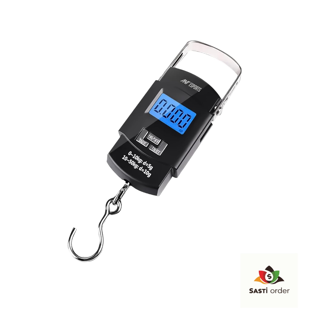 Portable luggage weight scale with an LCD display and durable metal hook for accurate baggage weighing up to 50kg.