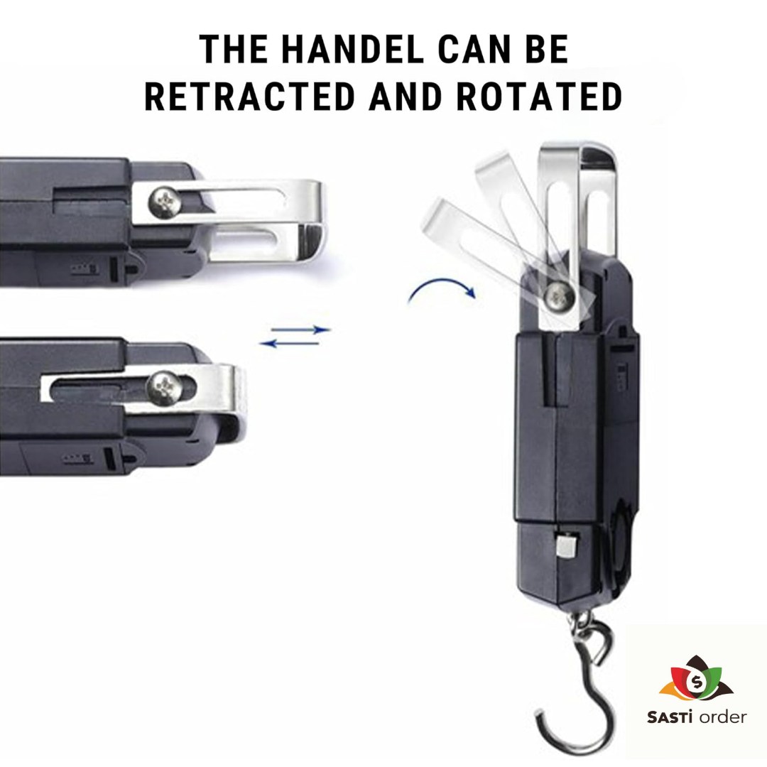 Portable luggage weight scale with an LCD display and durable metal hook for accurate baggage weighing up to 50kg.