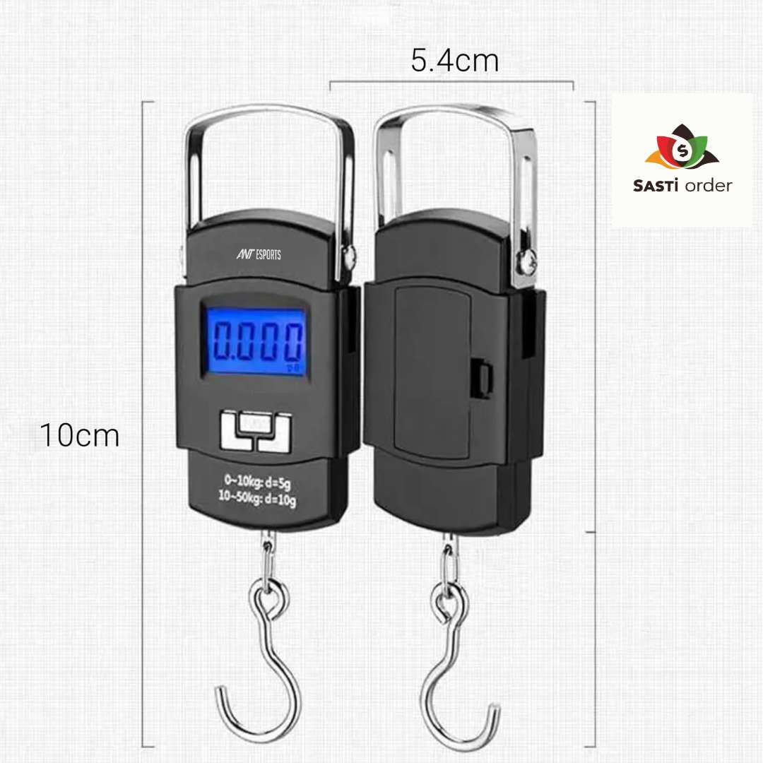 Portable luggage weight scale with an LCD display and durable metal hook for accurate baggage weighing up to 50kg.