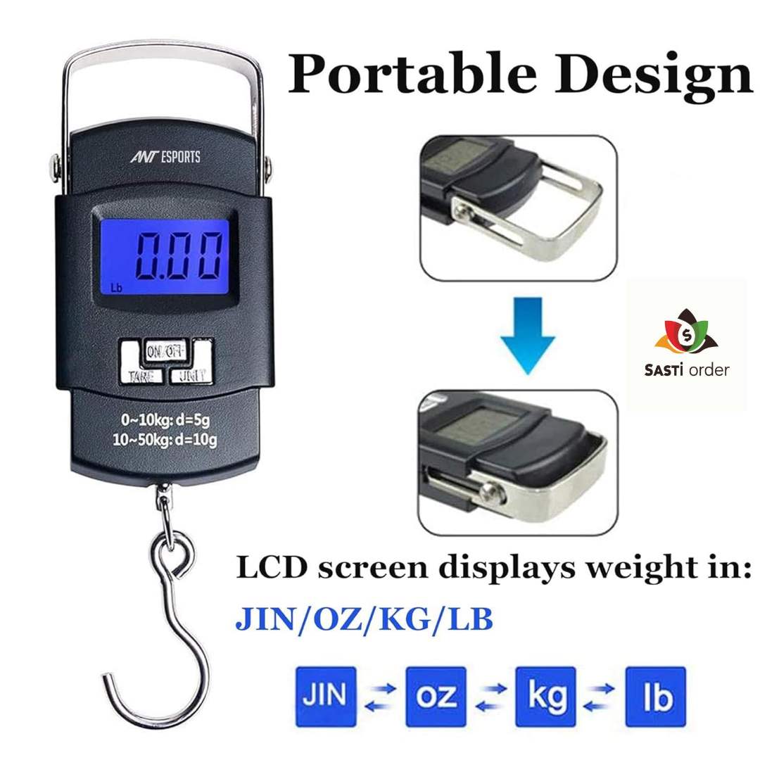 Portable luggage weight scale with an LCD display and durable metal hook for accurate baggage weighing up to 50kg.