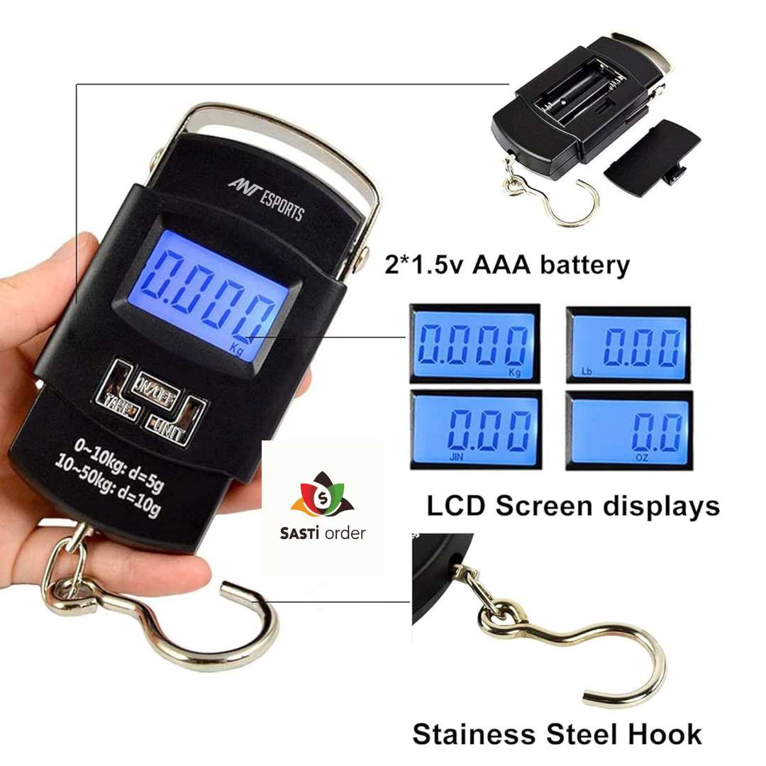 Portable luggage weight scale with an LCD display and durable metal hook for accurate baggage weighing up to 50kg.