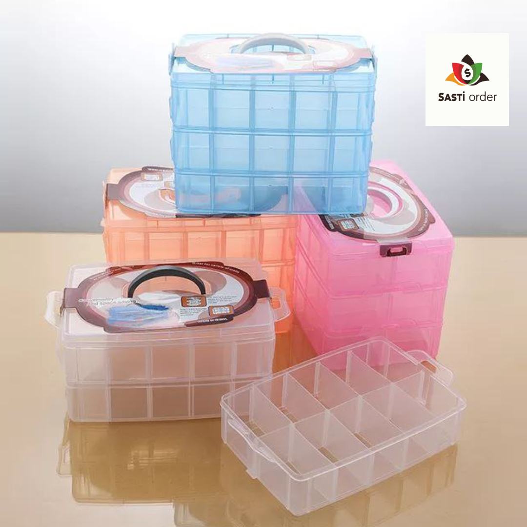 3-Layer 18-Grid Storage Box with adjustable compartments for organizing small items like beads, jewelry, and tools.