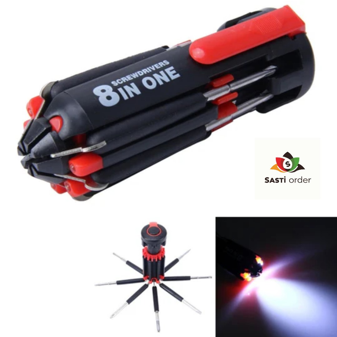 Pocket 8 in 1 Screwdriver with compact design and multiple tool heads for versatile repairs.