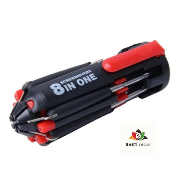 Pocket 8 in 1 Screwdriver with compact design and multiple tool heads for versatile repairs.
