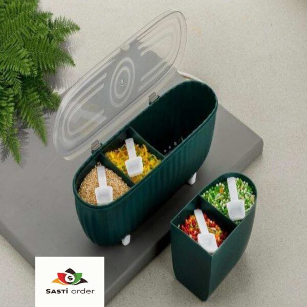 4 Grid Masala Box with transparent lid for organized storage of spices, herbs, and seasonings in the kitchen.