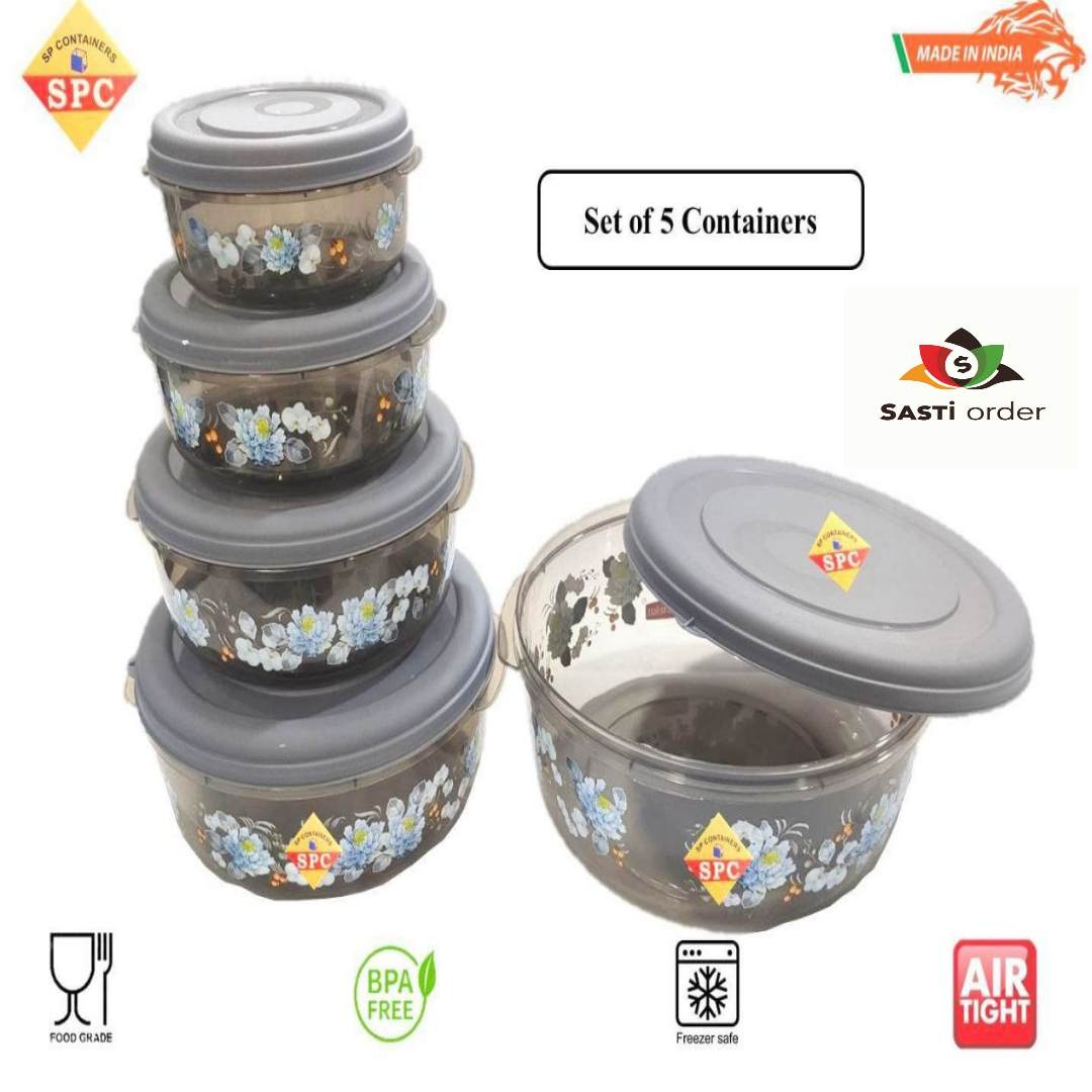 5 Pc Round Box Storage Set with stackable round containers featuring secure lids, perfect for organizing food, crafts, and small household items.