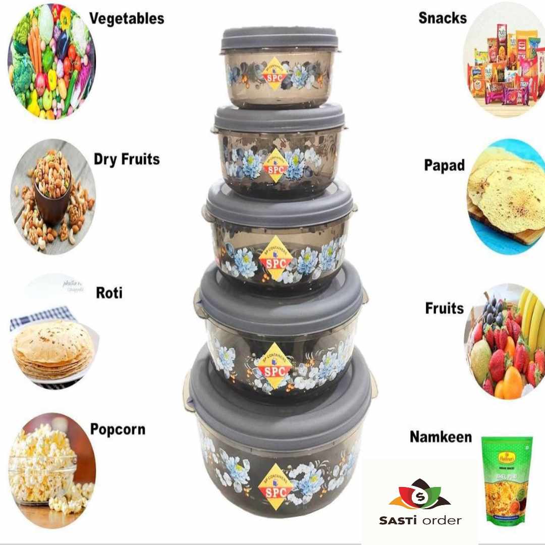 5 Pc Round Box Storage Set with stackable round containers featuring secure lids, perfect for organizing food, crafts, and small household items.