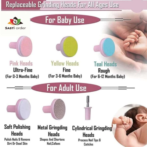 Baby Nail Electric Kit with 6 grinding heads for safe, gentle nail trimming and smoothing, perfect for babies and toddlers.