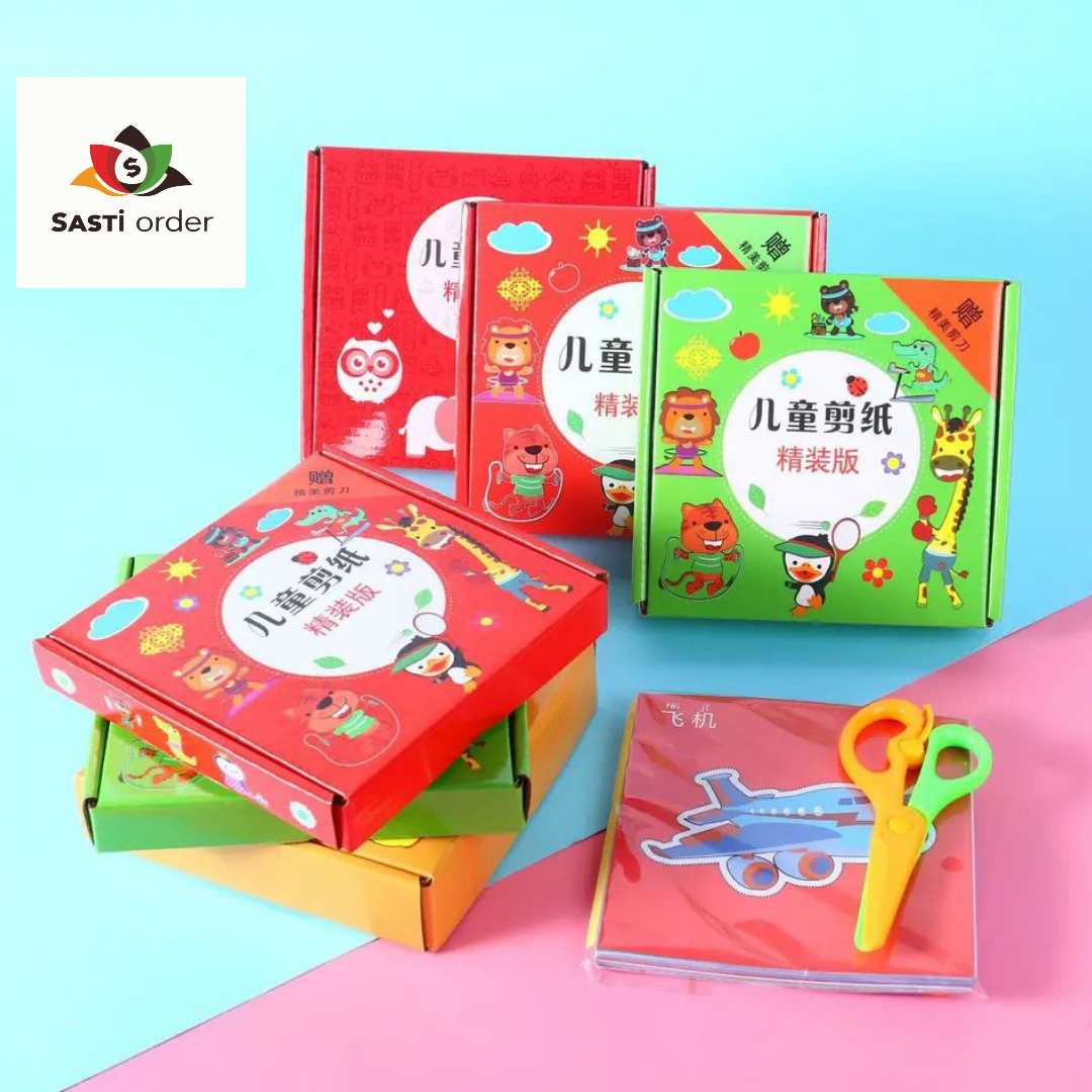Fun Paper Cutting Set with colorful scissors, craft knives, stencils, and decorative papers for crafting and DIY projects.