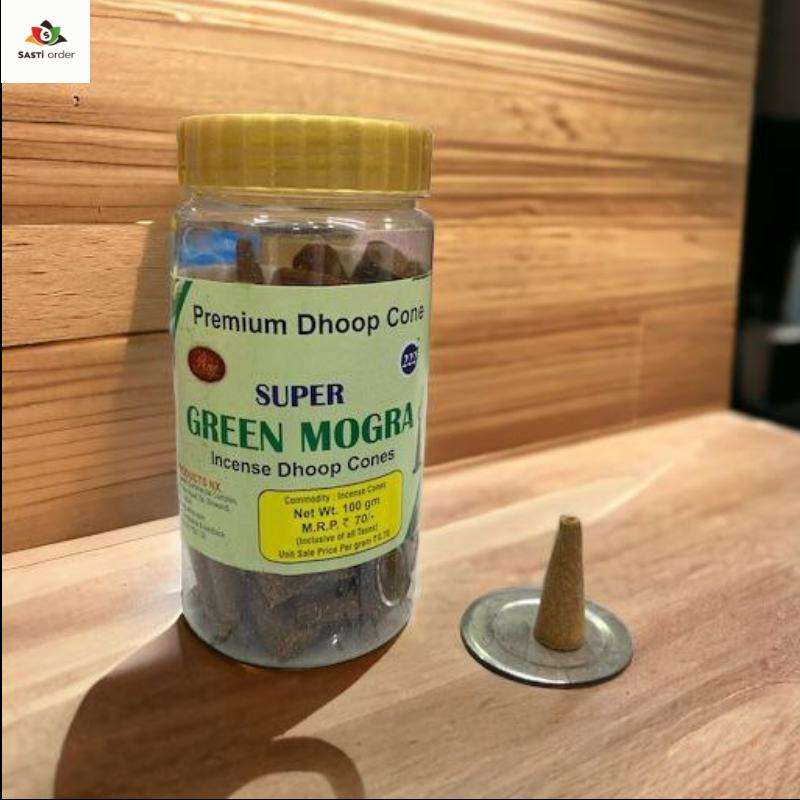 Premium Cone Dhoop 100 Gram Dabbi Packing, offering a soothing and long-lasting fragrance for relaxation and meditation.
