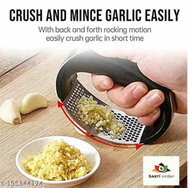 Stainless steel garlic press with ergonomic handles, perfect for mincing garlic quickly and easily.