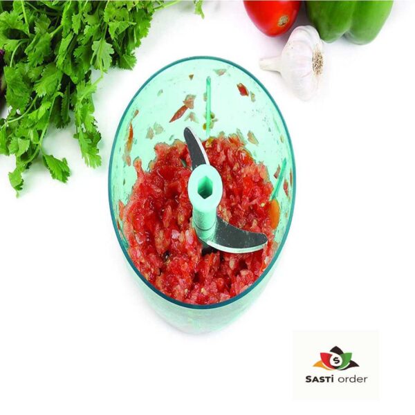 "6 Blade Chopper with sharp stainless steel blades and ergonomic design for efficient vegetable and fruit chopping.