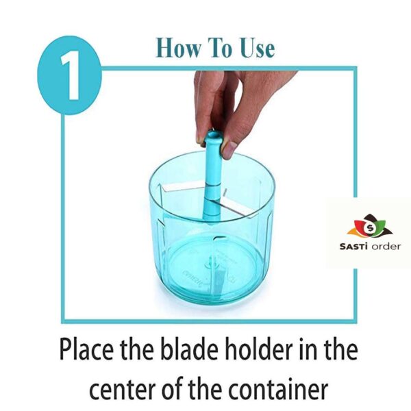 "6 Blade Chopper with sharp stainless steel blades and ergonomic design for efficient vegetable and fruit chopping.