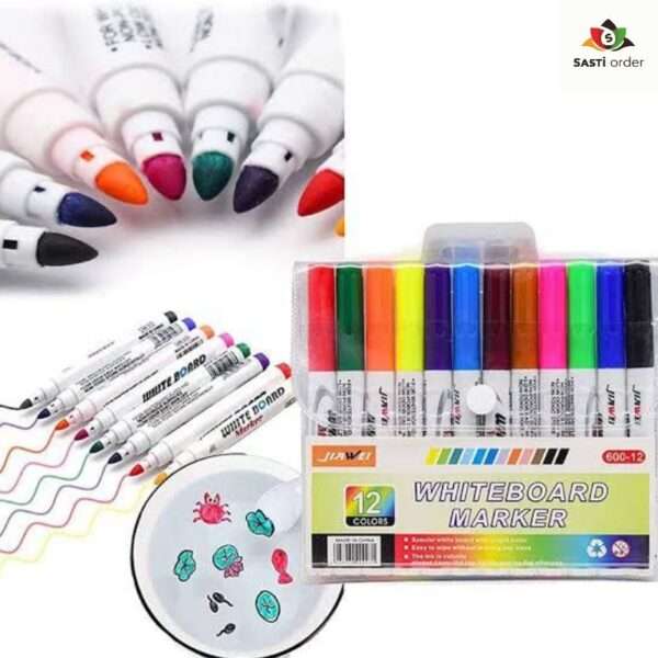 12 vibrant colors Magic Whiteboard Pen set with smooth, erasable ink for clear, bold writing on whiteboards, perfect for school, office, or home use.