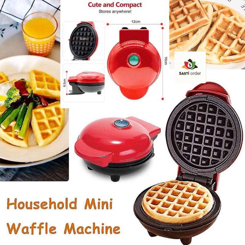 Mini Double Belgian Waffle Iron with non-stick plates, compact design, and dual waffle capacity for making two fluffy Belgian waffles at once.