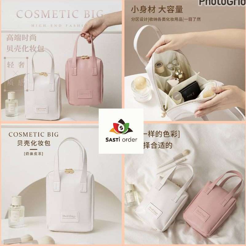 Elegant Portable Shell Cosmetic Bag with a stylish shell design, featuring a water-resistant exterior and organized interior compartments for travel and daily use.