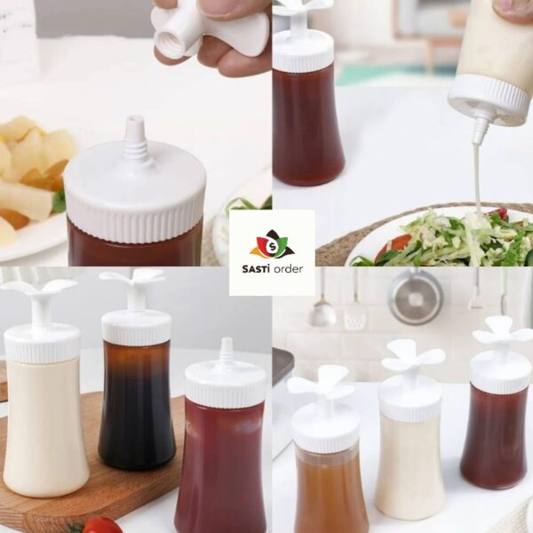 Transparent condiment squeeze bottle with a precision nozzle for controlled dispensing of sauces and dressings.