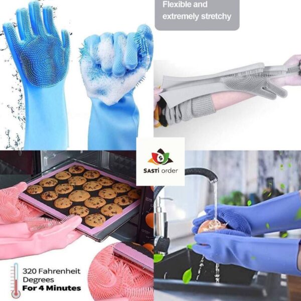 Heat-resistant silicone gloves with non-slip grip, designed for safe handling of hot cookware and kitchen tasks.