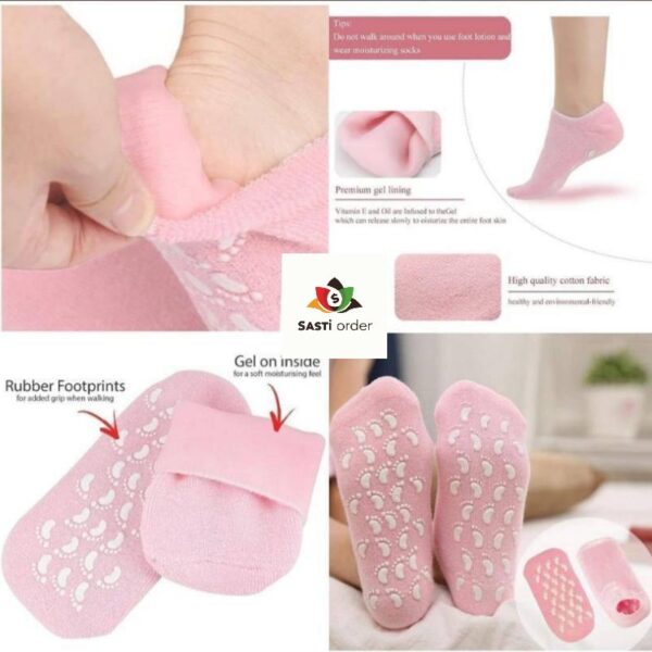 Pair of spa gel socks with moisturizing gel lining for hydrating and soothing foot care.