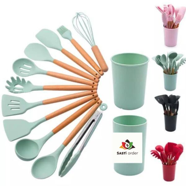 12-piece cooking tools set including various essential utensils with ergonomic handles and a stylish storage rack.