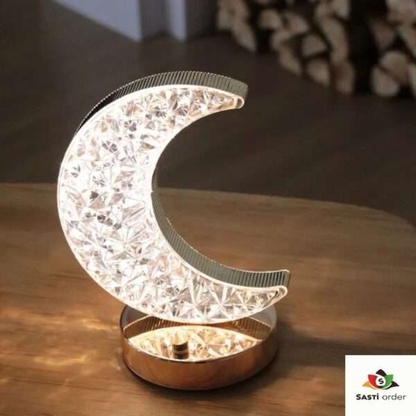 LED Moon Lamp Atmosphere Table featuring a detailed 3D-printed lunar surface on a wooden base, emitting soft, adjustable LED light in various colors. Ideal for mood lighting and decorative purposes, with touch sensor control and USB rechargeable functionality.