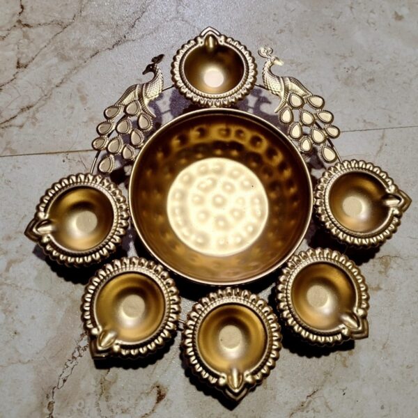 Metal Diya Set With Urli Bowl And Peacock Design